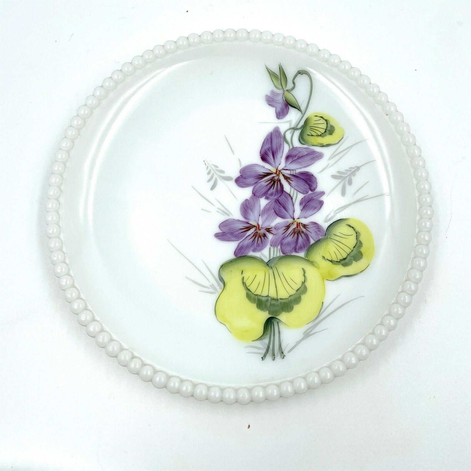 Vintage Westmoreland Milk Glass Violet Plate Hand Painted Hobnail Beaded Rim