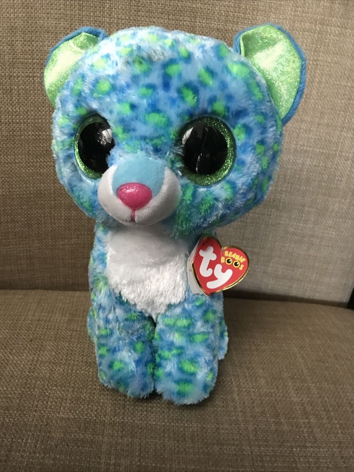Ty Beanie Boos Leona Leopard Cat 10" Blue Green Sparkle Eyes Plush Stuffed Toy