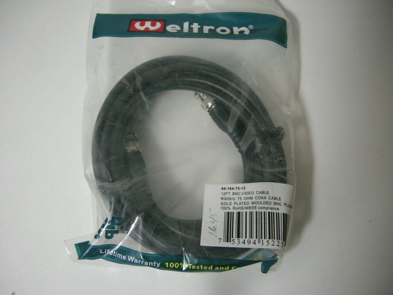 Weltron 44-164-75-12 12ft Bnc Video Cable Rg59/u 75 Ohm Coax Cable - New