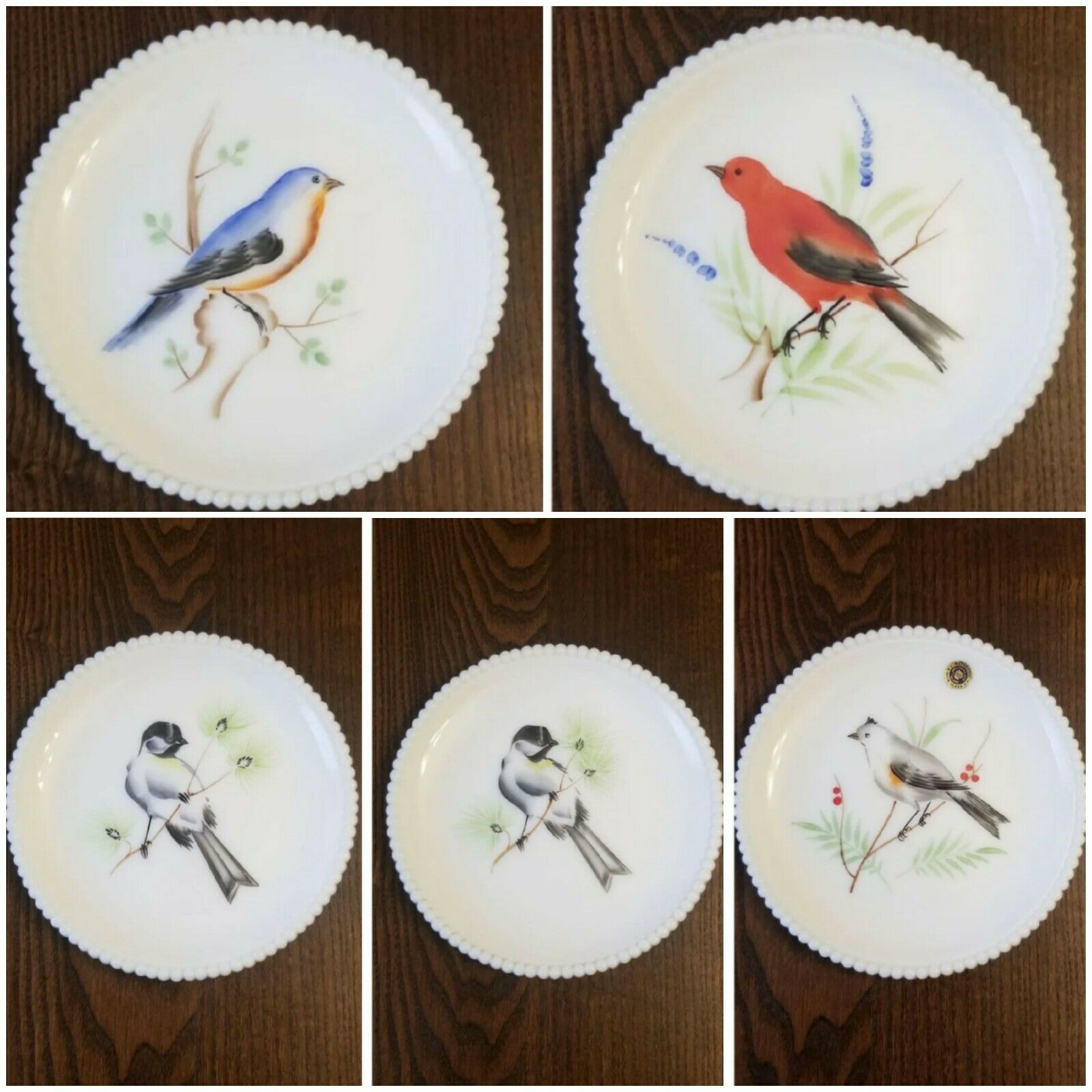 Westmoreland Glass Beaded Edge 7.5" Milk Glass Salad Plate Painted Birds Set