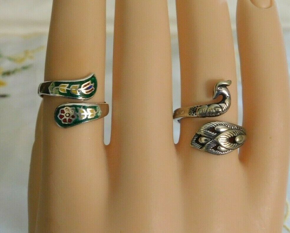 Set Of 2 Sterling Silver Wrap Rings Size 7 Peacock And Enamel Flowers